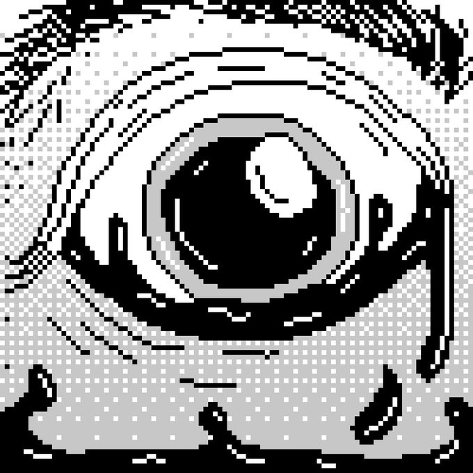 A pixel art image of a single eye surrounded by dotted patterns and abstract shapes, creating a hypnotic, glitchy visual effect.