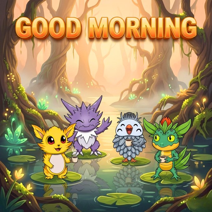 A cheerful cartoon 'GOOD MORNING' graphic featuring four cute chibi-style creatures (yellow, purple spiky, white bird, and green dragon-like) holding coffee cups on lily pads in a glowing forest pond.
