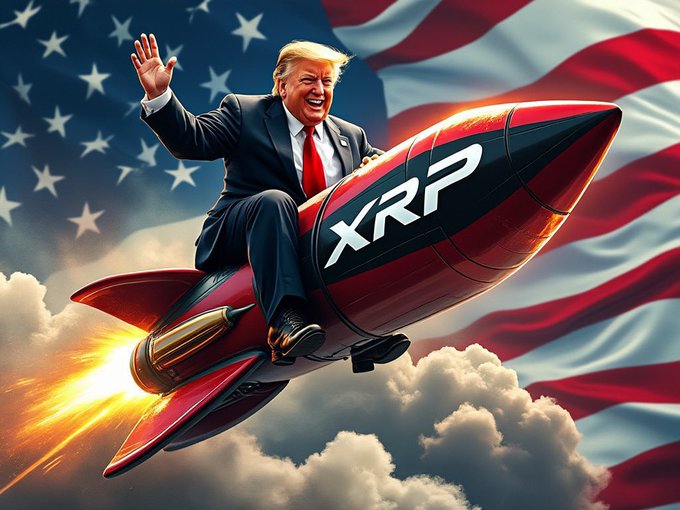 A digitally edited image depicting a figure resembling Donald Trump waving while riding a red rocket labeled 'XRP' against an American flag backdrop.