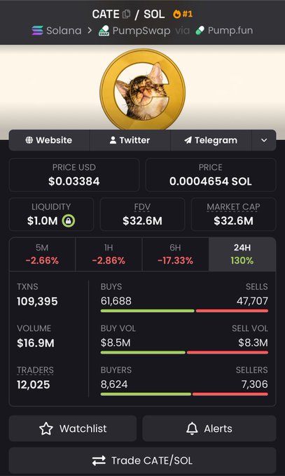 A DexScreener-style token page for CATE/SOL on the Solana network via PumpSwap, showing price $0.03384, $1.0M liquidity, $32.6M FDV, with a cat image as the token logo and 24H performance of 130%.