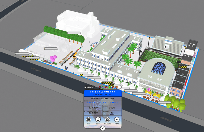An isometric view of a Upland virtual real estate development at "21405 PLUMMER ST" showing detailed buildings, trees, and community spaces, with a 125 UPL property info panel displaying a 177,920$ mintage, 372,000$ total value, 210% discovery reward, and rank 17, belonging to Charles_FR who is building a stylish, functional property that combines structures, decor, and life to foster community interaction in the game.