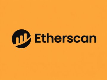The Etherscan logo, featuring a black circular emblem with a bar chart design next to the word 'Etherscan' on a solid orange background.