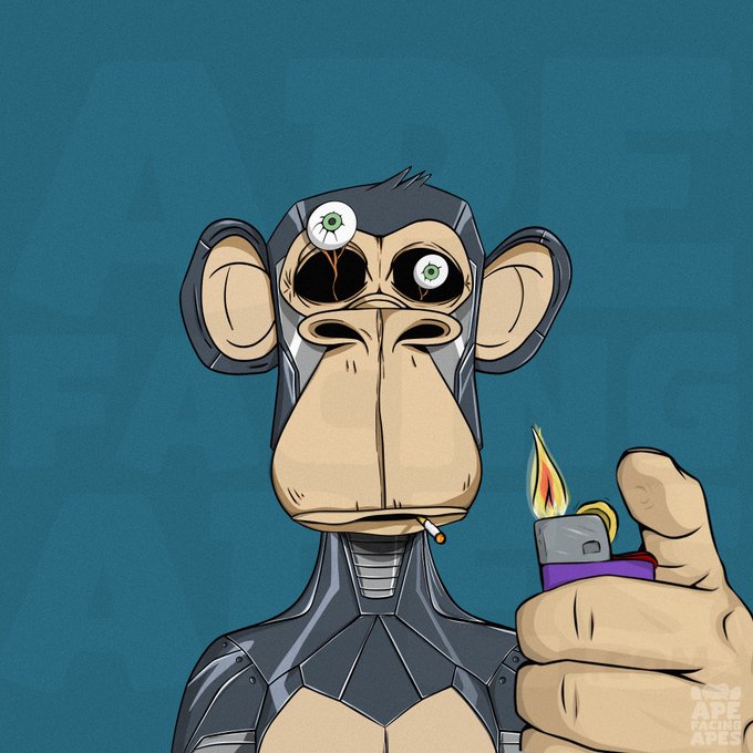An illustration of a Bored Ape-style NFT character wearing a metallic helmet with glowing eyes, holding a lit lighter, with the 'Ape Racing Apes' logo in the bottom right corner.