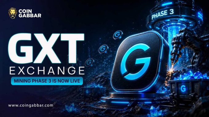 A promotional graphic for 'GXT EXCHANGE' from Coin Gabbar announces 'MINING PHASE 3 IS NOW LIVE,' featuring a glowing blue 'G' logo and industrial machinery.