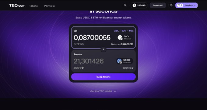 A screenshot of TAO.com showing a token swap interface for exchanging TAO Bittensor tokens for USDC on the Bittensor subnet, displaying a sell amount of 0.08700055 and receive amount of 21.301426.