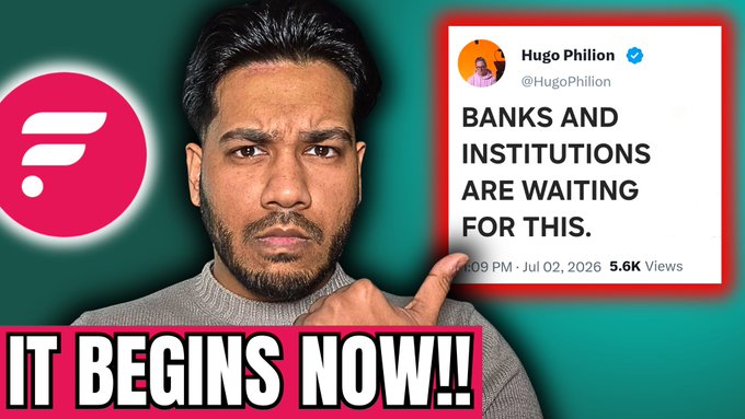 A man points toward a tweet from Hugo Phillion (@HugoPhilion) reading "BANKS AND INSTITUTIONS ARE WAITING FOR THIS," with the Flare (FLR) logo displayed alongside the bold caption "IT BEGINS NOW!!" The image promotes a YouTube video about the launch of Flare Confidential Compute (FCC) and its potential to drive major institutional demand for the FLR token.