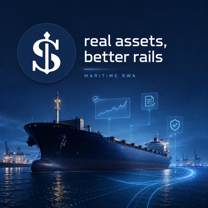 Promotional banner for 'real assets, better rails - MARITIME RWA' featuring a large cargo ship at sea with digital overlay icons.