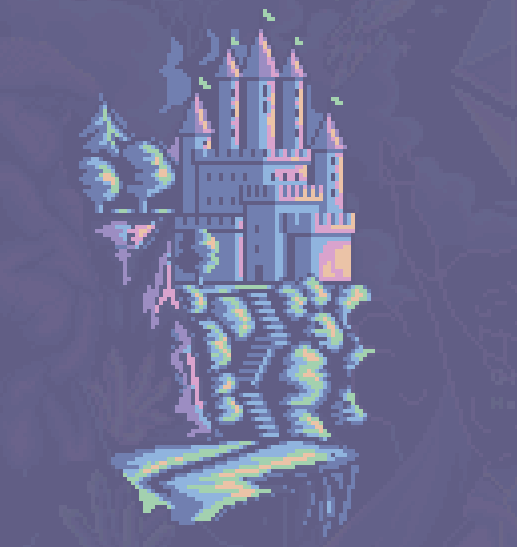 A pixel art illustration of a fantasy castle on a rocky floating island with stairs leading up to it, a hot air balloon beside it, and small birds flying nearby, set against a purple sky with faint background patterns.