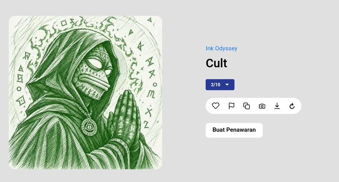 An NFT marketplace listing for 'Cult' by Ink Odyssey, showing a green pencil-style illustration of a hooded masked figure in prayer.