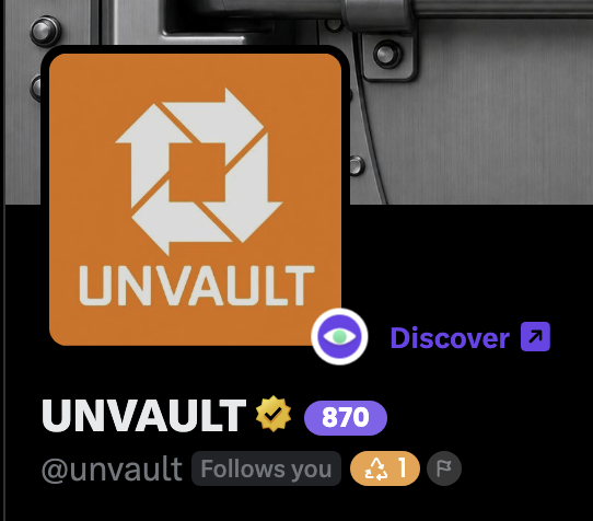 A profile card for "UNVAULT" (@unvault) showing 870 followers, a "Discover" button, and an orange logo of rotating arrows on a metallic background.