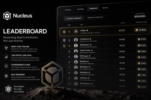A digital dashboard for 'Nucleus' showing a 'LEADERBOARD' rewarding real contribution, with a user '0xStar' at the top earning 12.50% reward share, out of a $250,000+ total reward pool.