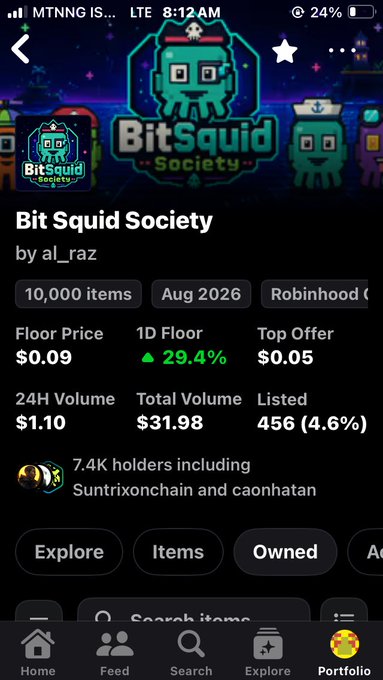 Screenshot of an NFT marketplace page displaying the 'Bit Squid Society' collection by al_raz, with 10,000 items listed on Robinhood Chain, showing a floor price of $0.09 and 7.4K holders.