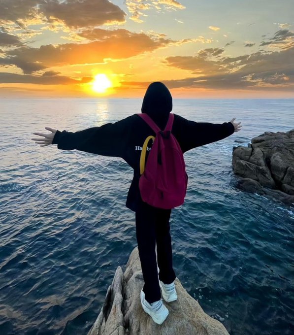 A silhouetted figure wearing a black hoodie and a pink backpack stands with arms outstretched on a rocky cliff, facing a vibrant ocean sunset.
