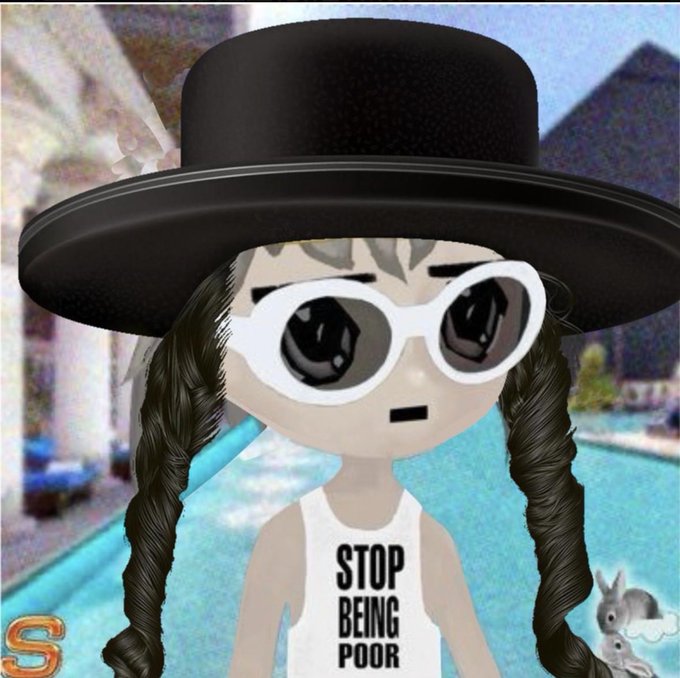 An animated avatar-style character wearing a large black wide-brimmed hat, white cat-eye sunglasses, and a tank top reading "STOP BEING POOR" by a pool.