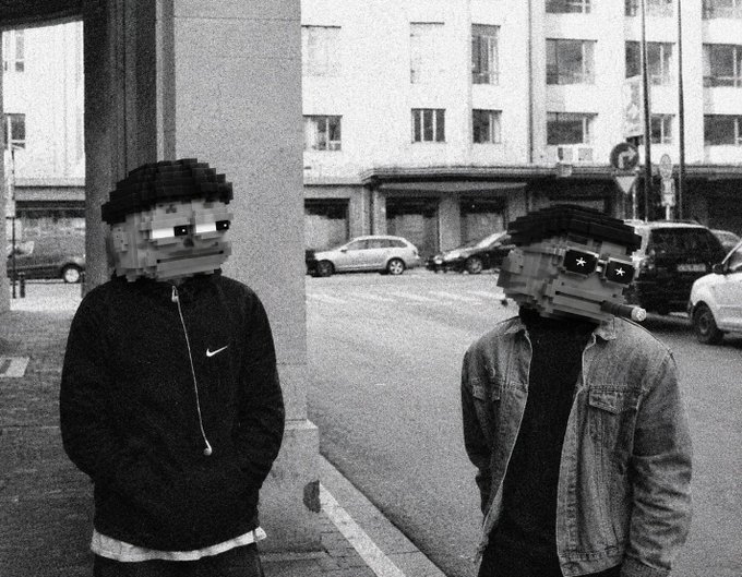 Two figures with pixelated Pepe the Frog heads for faces stand on a city street in black and white, one wearing a Nike hoodie and the other a denim jacket with X-shaped eyes, symbolizing the playful yet hidden identity of NFT collectors. The "x_x" Pepe reflects the casual, meme-driven vibe of the crypto space, where users engage with projects like Pepe2Hood's $PEPEH ecosystem to earn rewards through simple staking mechanics rather than chasing overhyped, time-wasting collections.
