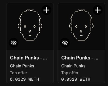 A screenshot of an NFT marketplace listing two identical pixelated 'Chain Punks' profiles, both with a top offer of 0.0329 WETH.