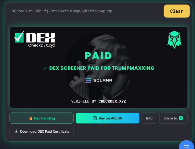 A dark-themed verification page showing 'PAID' status with 'DEX SCREENER PAID FOR TRUMPMAXXING' on the Solana blockchain, verified by CheckDEX.xyz, with a meme-style image of Trump in the background.