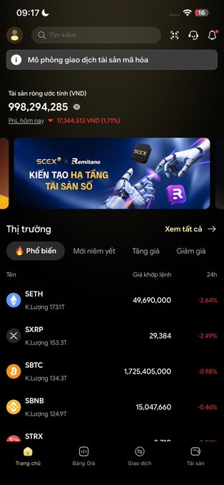 A Vietnamese cryptocurrency exchange app showing a total asset balance of '998,294,285' VND (down 1.71%) and a market list featuring $ETH, $XRP, $SBTC, $BNB, and $TRX with their VND prices.