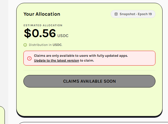 A screenshot showing a Grass allocation dashboard with an estimated allocation of $0.56 USDC for Snapshot · Epoch 19, but claims are unavailable because the app needs updating, humorously illustrating the poster's disappointment at earning less than a dollar after two years of running the node.