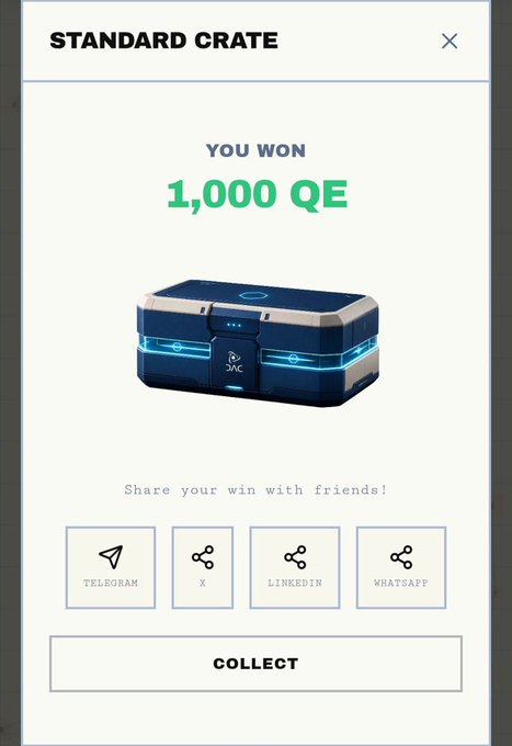 A 'STANDARD CRATE' screen displaying 'YOU WON 1,000 QE' with a futuristic blue crate illustration and sharing options for Telegram, X, LinkedIn, and WhatsApp.