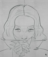 A pencil sketch shows a woman with wavy shoulder-length hair making a hushing gesture with her finger over her lips, signed with a 'K' in the corner.