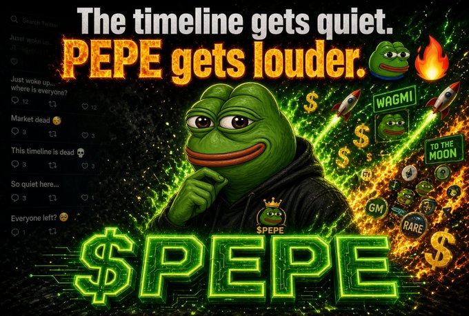A Pepe the Frog meme graphic with the text "The timeline gets quiet. PEPE gets louder." and "$PEPE," promoting the meme coin against a dark background with rockets and dollar signs.