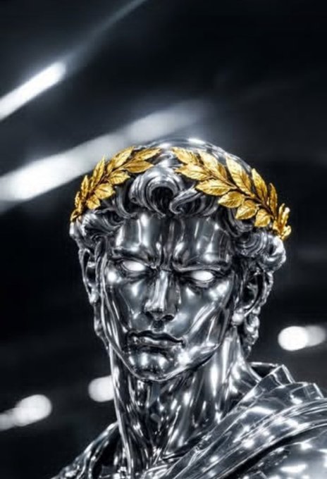 A shiny chrome or silver bust of a classical figure wearing a golden laurel wreath, rendered in a 3D digital art style against a dark background.