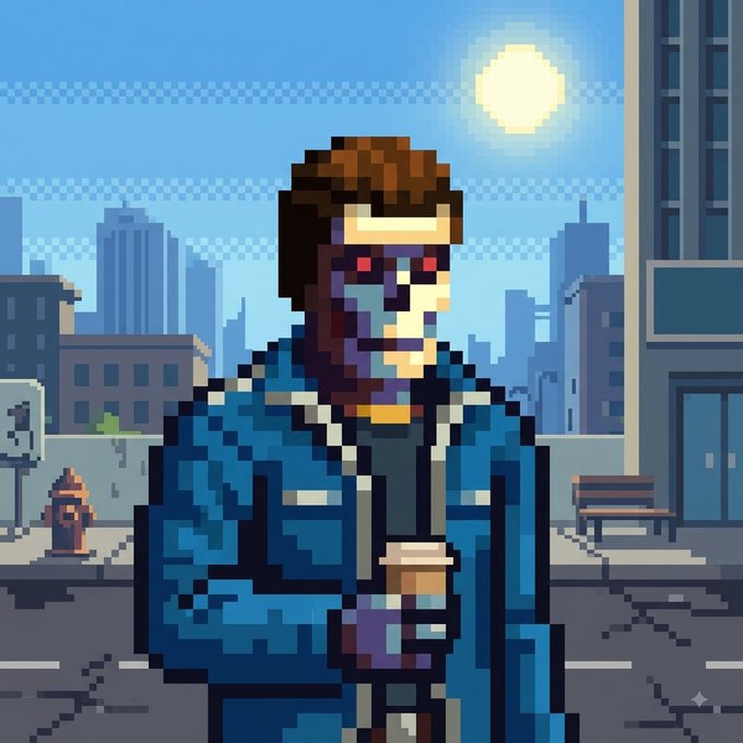 Pixel art of a zombie-like man with glowing red eyes wearing a blue jacket, holding a coffee cup on a city street with sun in the background.