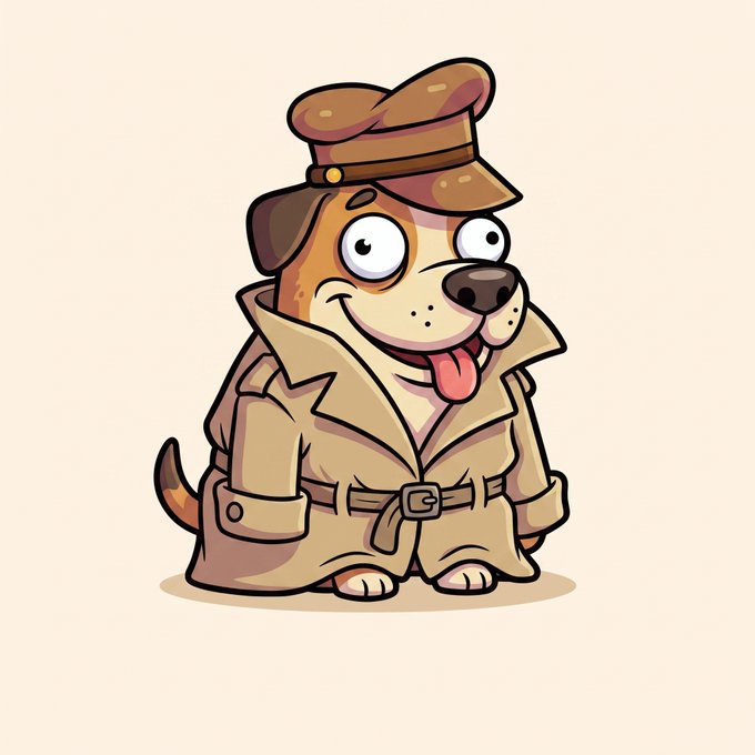 A cartoon illustration of a happy brown and white dog wearing a tan detective trench coat and matching peaked cap.