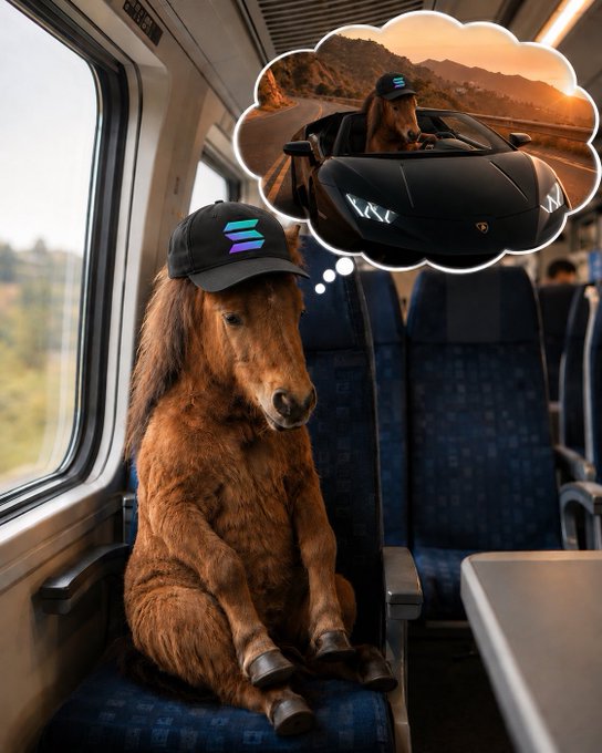 A surreal AI-generated image of a horse wearing a black cap and sneakers, sitting on a train and daydreaming about driving a black Lamborghini convertible on a mountain road.
