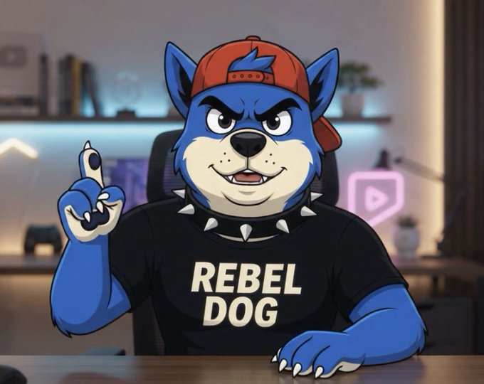 An illustrated blue anthropomorphic dog wearing a red cap and spiked collar sits at a desk with one paw raised, wearing a black shirt reading "REBEL DOG."