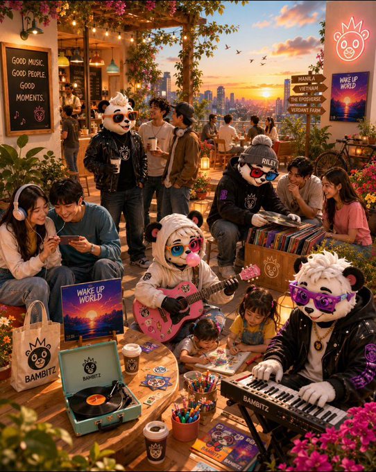 An illustration of a panda-themed brand called BAMBITZ hosting a cafe event with people wearing panda hoodies, playing guitar and keyboard, surrounded by merchandise and a 'Wake Up World' sign.