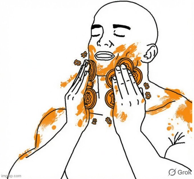 A line drawing with orange brushstrokes showing a bald man pressing cryptocurrency coins (including Bitcoin) to his face, created with Grok and watermarked by imgflip.