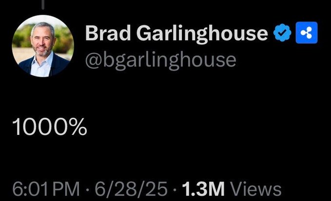 The image shows a tweet from Brad Garlinghouse (@bgarlinghouse) displaying only the text "1000%", posted on 6/28/25 at 6:01 PM with 1.3M views. The accompanying post tags "$XRP @Ripple," suggesting Garlinghouse's cryptic "1000%" message is a bullish teaser related to XRP and Ripple's future performance or growth.