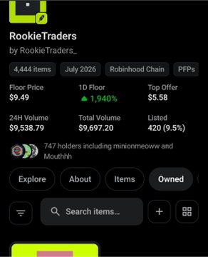 A mobile interface for 'RookieTraders' showing NFT collection stats including 4,444 items, a floor price of $9.49, and a top offer of $5.58.