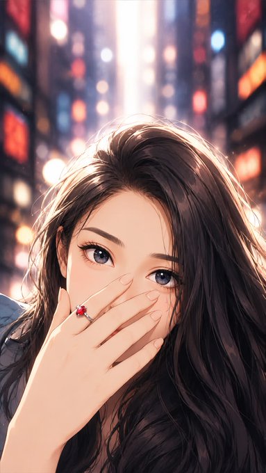 An anime-style portrait of a dark-haired young woman with large purple eyes, her hand covering part of her face, wearing a red ring, set against a blurred neon-lit city street background.