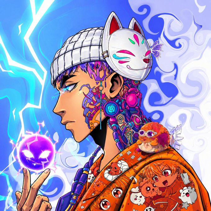 Vibrant anime-style digital artwork showing a character in profile wearing a kitsune mask and a patterned bandana, surrounded by colorful elements including a glowing purple orb and cartoon figures.