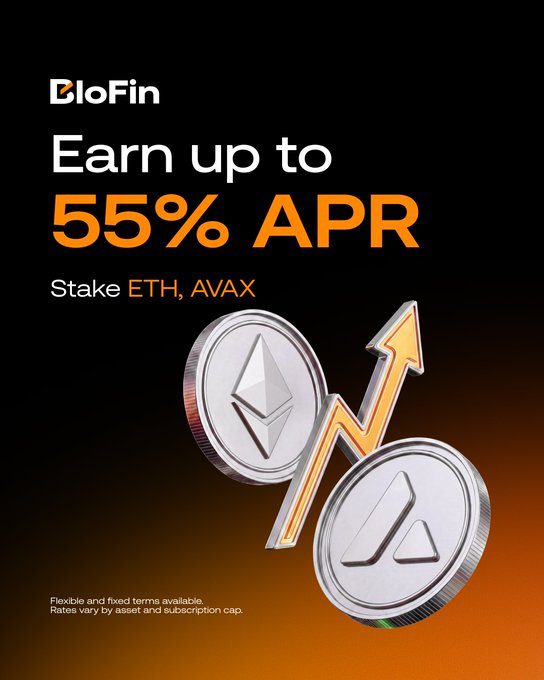 BloFin promotes a Monday Exclusive staking offer featuring ETH and AVAX with up to 55% APR, visually highlighted by 3D coin renderings of both cryptocurrencies alongside a rising orange growth arrow. The text "Flexible and fixed terms available. Rates vary by asset and subscription cap" appears at the bottom, reinforcing the promotional message about high-yield crypto savings.