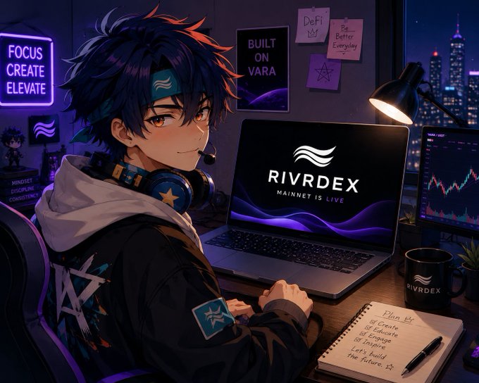 An anime-style illustration of a young man with headphones at a computer desk displaying 'RIVRDEX MAINNET IS LIVE,' surrounded by gaming and crypto-themed decorations and a city skyline at night.