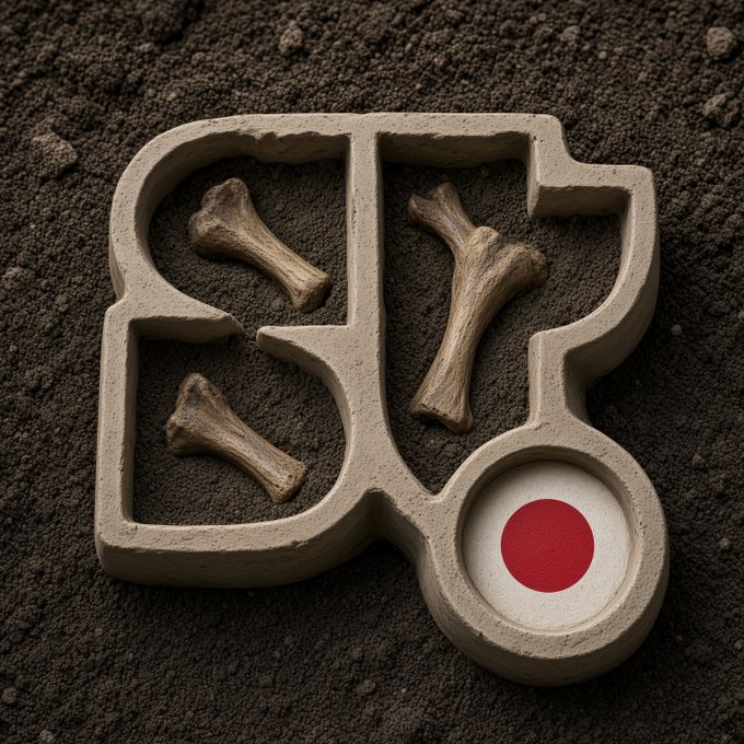 A stone-like Google logo lying on dark sand with bones inside the letters, and the bottom-right 'o' replaced by a red-and-white target design.
