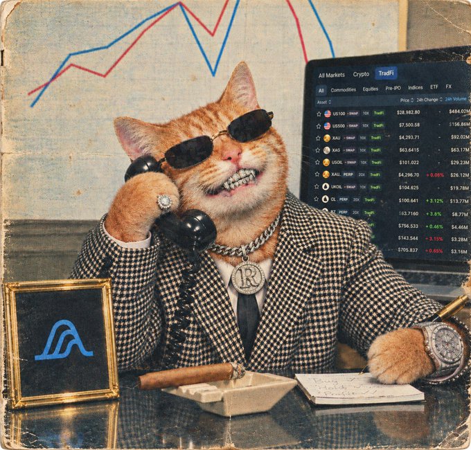 An AI-generated image of an orange cat in a houndstooth suit and sunglasses talking on a phone, with a crypto trading screen showing markets like BTC, ETH, and XRP in the background.
