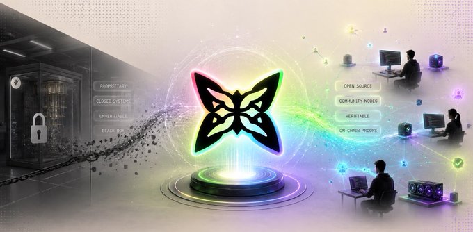 A digital illustration featuring a glowing green butterfly logo on a pedestal, flanked by 'PROPRIETARY / CLOSED SYSTEMS / UNFAIR RULES' on the left with a lock symbol, and 'OPEN SOURCE / COMMUNITY NODES / VERIFIABLE / ON-CHAIN PROOFS' on the right with people working at computers.