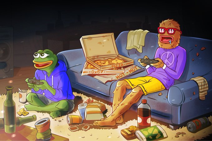 In this image, two cartoon characters are sitting on a couch surrounded by various food items like bottles of beer and pizza boxes, along with cups scattered around them. One character seems to be playing video games while the other is eating. The background appears dark with an emphasis on a large pizza box in front of them that has been partially eaten. A bottle of wine can also be seen resting nearby, suggesting they might have been enjoying some drinks together as well.