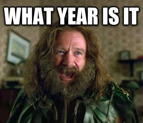 A meme image featuring a disheveled man with a thick beard and wild hair, with the text 'WHAT YEAR IS IT' overlaid in large white letters.