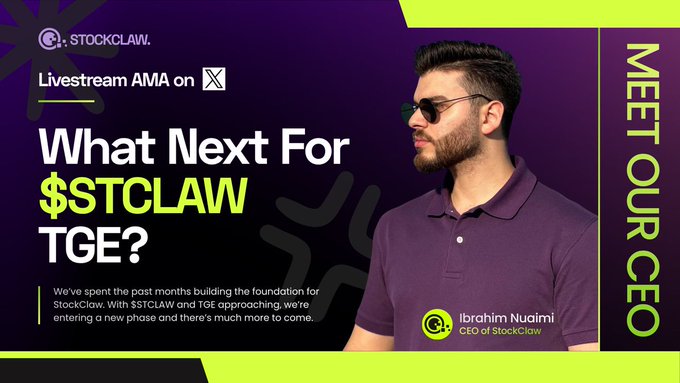 Promotional banner for StockClaw's first livestream AMA on X with CEO Ibrahim Nuaimi, featuring the headline "What Next For $STCLAW TGE?" alongside his portrait. The graphic announces an August 12th event at 13:00 UTC with a $50 reward pool in USDT for selected questions, matching the post's details.