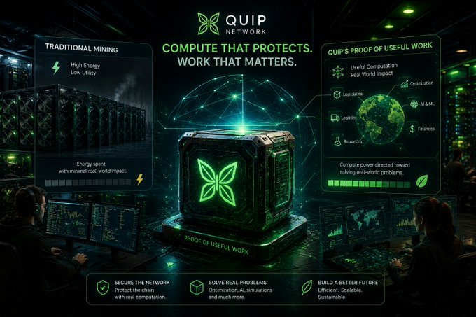 The focus of the image is a poster or advertisement for Quip Network that highlights its Proof of Useful Work approach. The poster features two people working at a computer, with a green box containing a butterfly design as the central element. This unique design choice serves as an attention-grabbing visual representation of the network's purpose and how it optimizes computing power to solve real-world problems. The image also includes text that explains the Proof of Useful Work concept in more detail, further emphasizing the innovative nature of Quip Network's approach.
