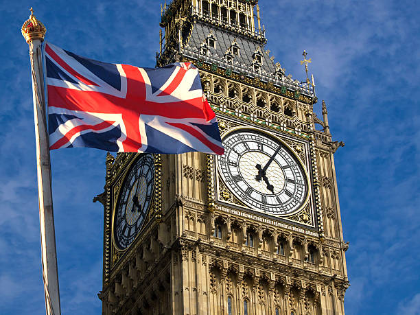 The iconic Big Ben clock tower in London with a large Union Jack flag waving prominently in the foreground against a blue sky.