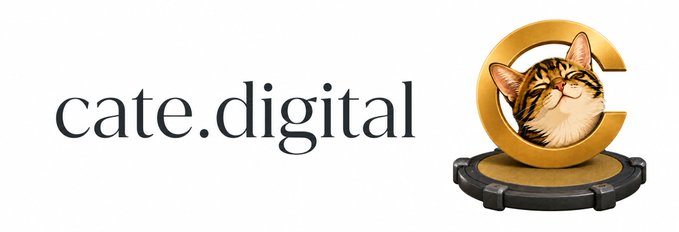 A logo for "cate.digital" featuring the brand name in lowercase serif typography alongside a 3D illustration of a content, smiling cat nestled inside a golden "C" emblem displayed on a circular pedestal. The image serves as the platform's brand identifier for the Solana token launch service described in the accompanying post.