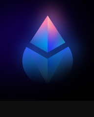 A glowing blue and pink Ethereum (ETH) logo against a dark background.