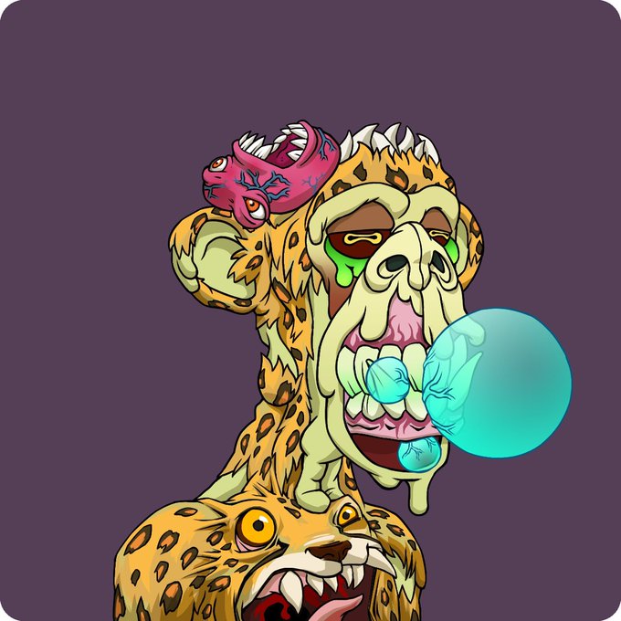 Digital illustration of a grotesque, melting leopard-like creature with multiple eyes, sharp teeth, and green slime dripping from its mouth, alongside a pink fish-like figure perched on its head.